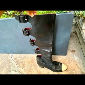SOLD Authentic Chanel black buckle leather high boots with beige cap toe size 38